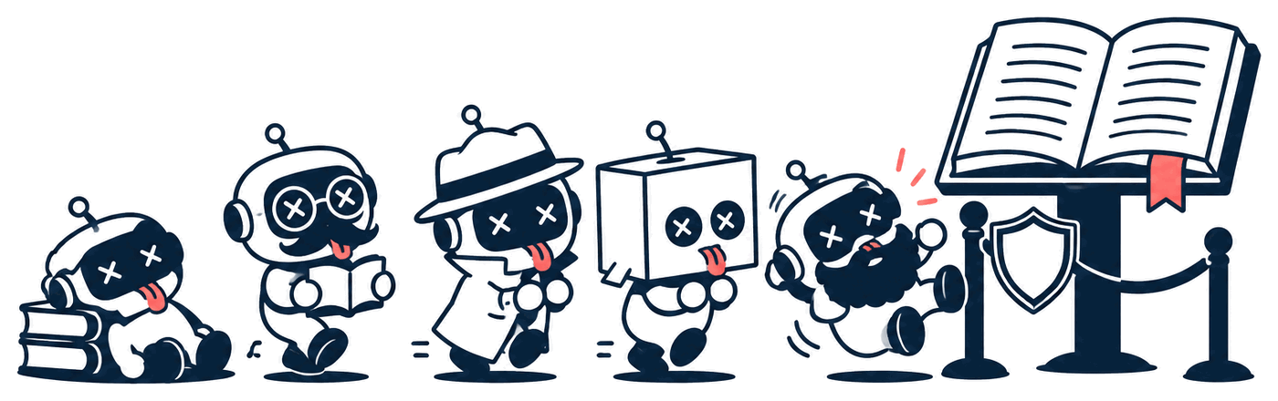 A row of robots in silly disguises try to sneak up to a giant manual behind a shield. One bounces off; another has fallen asleep under a stack of books.